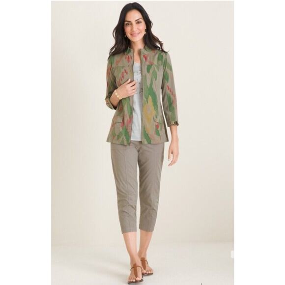 Chicos Zenergy Jacket Womens 0 Small Green Ikat Utility Zip Up Tie 3/4 Sleeve - Picture 2 of 14